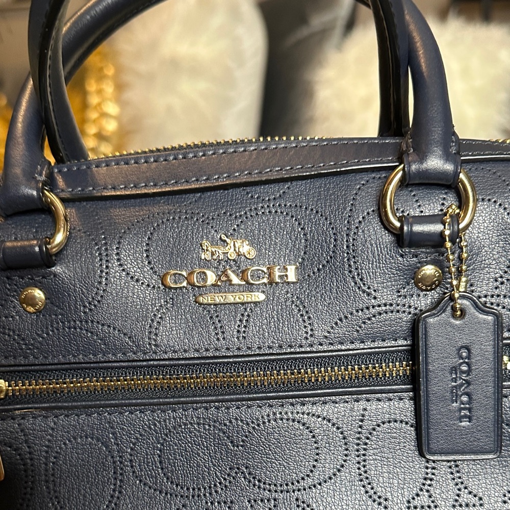 Coach Dark Blue Embossed Leather Satchel - Picture 2 of 8